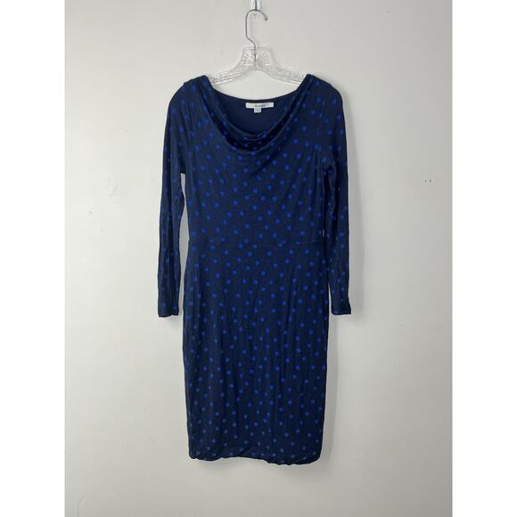Boden Sheath Dress Size 6 Blue Polka Dot Knit Lyocell Wool Blend Cowl Neck - Picture 1 of 12